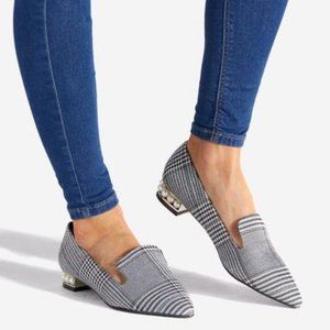Shoe Dazzle-Michelle Pearl Embellished Flat-Black/White Plaid